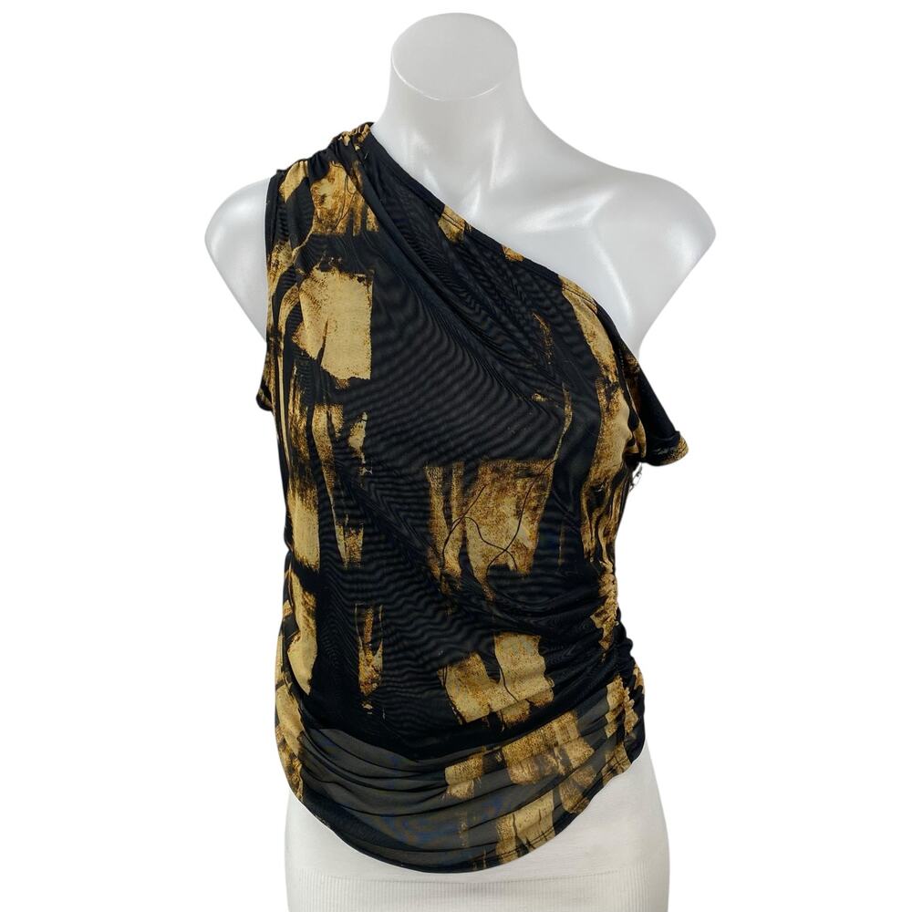 Miaou Women's Black Beige Printed One Shoulder Sleeveless Blouse Top Size M